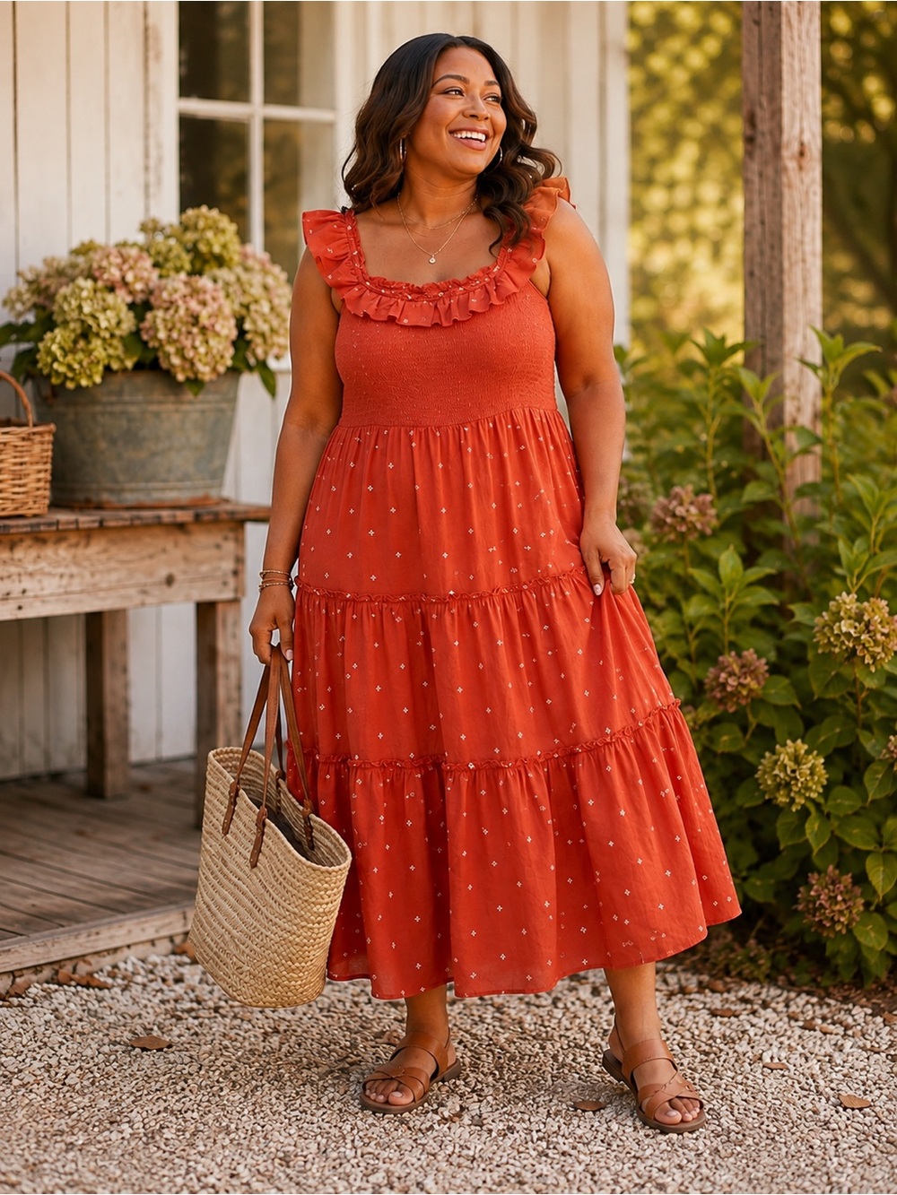 Old Navy Rust Orange Tiered Maxi Dress XL Boho Cottagecore Embroidered Smocked